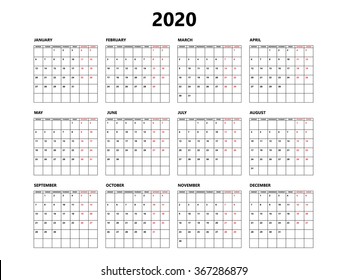 Calendar 2020 Year Simple Style With Grid. Week Starts From Monday