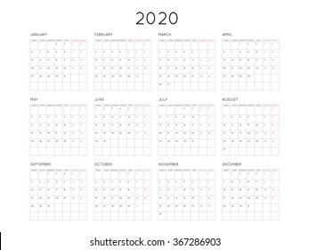 Calendar 2020 year simple style with grid. Week starts from monday