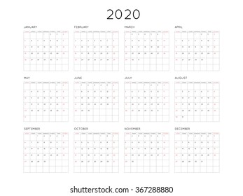Calendar 2020 year simple style with grid. Week starts from sunday