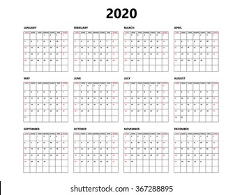 Calendar 2020 year simple style with grid. Week starts from sunday