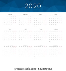 Calendar 2020 year simple style. With abstract geometric triangle mosaic tessllation header,banner.  Week starts from monday