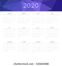 Calendar 2020 year simple style. With abstract geometric triangle mosaic tessllation header,banner.  Week starts from monday