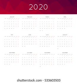 Calendar 2020 year simple style. With abstract geometric triangle mosaic tessllation header,banner.  Week starts from monday