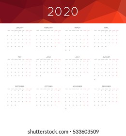 Calendar 2020 year simple style. With abstract geometric triangle mosaic tessllation header,banner.  Week starts from monday