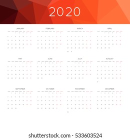 Calendar 2020 year simple style. With abstract geometric triangle mosaic tessllation header,banner.  Week starts from monday