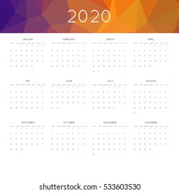 Calendar 2020 year simple style. With abstract geometric triangle mosaic tessllation header,banner.  Week starts from monday