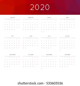 Calendar 2020 year simple style. With abstract geometric triangle mosaic tessllation header,banner.  Week starts from monday