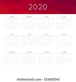 Calendar 2020 year simple style. With abstract geometric triangle mosaic tessllation header,banner.  Week starts from monday