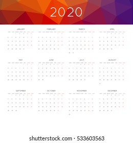 Calendar 2020 year simple style. With abstract geometric triangle mosaic tessllation header,banner.  Week starts from monday