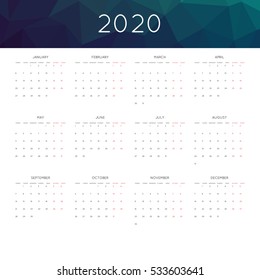 Calendar 2020 year simple style. With abstract geometric triangle mosaic tessllation header,banner.  Week starts from monday