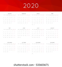 Calendar 2020 year simple style. With abstract geometric triangle mosaic tessllation header,banner.  Week starts from monday