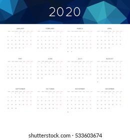 Calendar 2020 year simple style. With abstract geometric triangle mosaic tessllation header,banner.  Week starts from monday