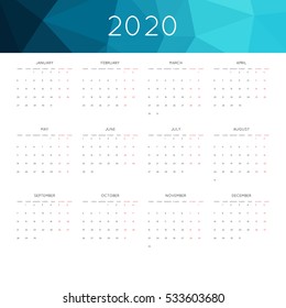Calendar 2020 year simple style. With abstract geometric triangle mosaic tessllation header,banner.  Week starts from monday