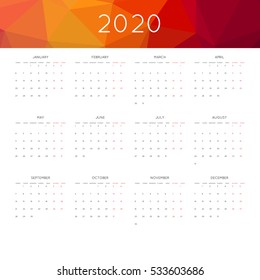 Calendar 2020 year simple style. With abstract geometric triangle mosaic tessllation header,banner.  Week starts from monday