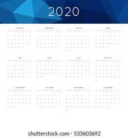 Calendar 2020 year simple style. With abstract geometric triangle mosaic tessllation header,banner.  Week starts from monday