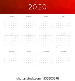Calendar 2020 year simple style. With abstract geometric triangle mosaic tessllation header,banner.  Week starts from monday