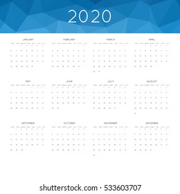 Calendar 2020 year simple style. With abstract geometric triangle mosaic tessllation header,banner.  Week starts from monday