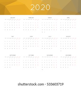 Calendar 2020 year simple style. With abstract geometric triangle mosaic tessllation header,banner.  Week starts from monday