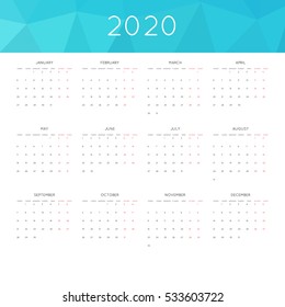 Calendar 2020 year simple style. With abstract geometric triangle mosaic tessllation header,banner.  Week starts from monday
