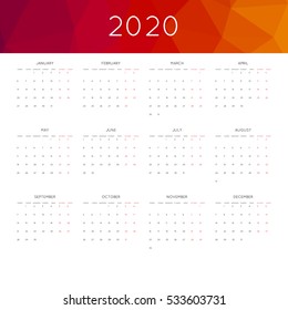 Calendar 2020 year simple style. With abstract geometric triangle mosaic tessllation header,banner.  Week starts from monday