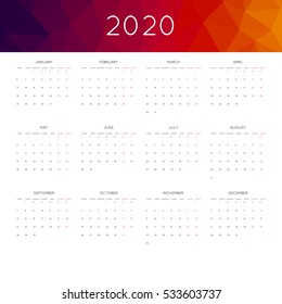 Calendar 2020 year simple style. With abstract geometric triangle mosaic tessllation header,banner.  Week starts from monday