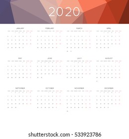 Calendar 2020 year simple style. With abstract geometric triangle mosaic tessllation header,banner.  Week starts from monday