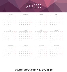 Calendar 2020 year simple style. With abstract geometric triangle mosaic tessllation header,banner.  Week starts from monday