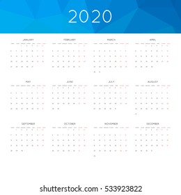 Calendar 2020 year simple style. With abstract geometric triangle mosaic tessllation header,banner.  Week starts from monday