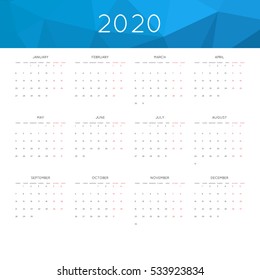 Calendar 2020 year simple style. With abstract geometric triangle mosaic tessllation header,banner.  Week starts from monday