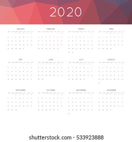 Calendar 2020 year simple style. With abstract geometric triangle mosaic tessllation header,banner.  Week starts from monday