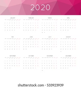 Calendar 2020 year simple style. With abstract geometric triangle mosaic tessllation header,banner.  Week starts from monday