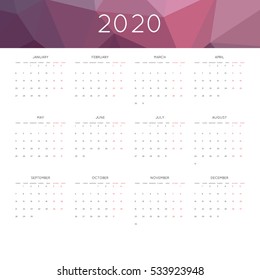 Calendar 2020 year simple style. With abstract geometric triangle mosaic tessllation header,banner.  Week starts from monday