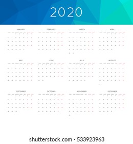 Calendar 2020 year simple style. With abstract geometric triangle mosaic tessllation header,banner.  Week starts from monday