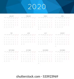 Calendar 2020 year simple style. With abstract geometric triangle mosaic tessllation header,banner.  Week starts from monday