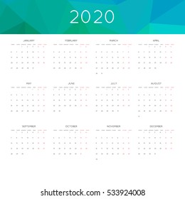 Calendar 2020 year simple style. With abstract geometric triangle mosaic tessllation header,banner.  Week starts from monday