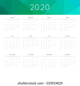 Calendar 2020 year simple style. With abstract geometric triangle mosaic tessllation header,banner.  Week starts from monday