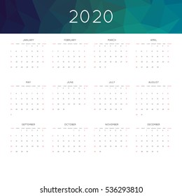 Calendar 2020 year simple style. With abstract geometric triangle mosaic tessllation header,banner.  Week starts from sunday