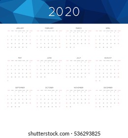 Calendar 2020 year simple style. With abstract geometric triangle mosaic tessllation header,banner.  Week starts from sunday
