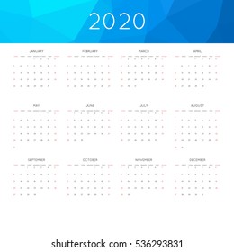Calendar 2020 year simple style. With abstract geometric triangle mosaic tessllation header,banner.  Week starts from sunday