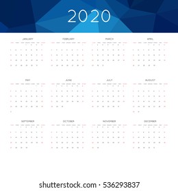 Calendar 2020 year simple style. With abstract geometric triangle mosaic tessllation header,banner.  Week starts from sunday