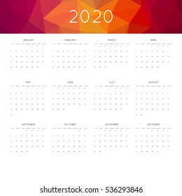 Calendar 2020 year simple style. With abstract geometric triangle mosaic tessllation header,banner.  Week starts from sunday