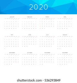 Calendar 2020 year simple style. With abstract geometric triangle mosaic tessllation header,banner.  Week starts from sunday