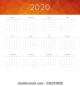 Calendar 2020 year simple style. With abstract geometric triangle mosaic tessllation header,banner.  Week starts from sunday