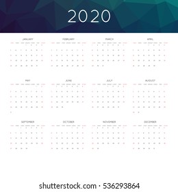 Calendar 2020 year simple style. With abstract geometric triangle mosaic tessllation header,banner.  Week starts from sunday