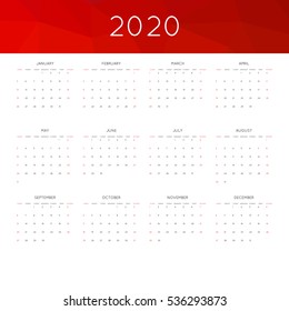 Calendar 2020 year simple style. With abstract geometric triangle mosaic tessllation header,banner.  Week starts from sunday
