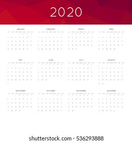 Calendar 2020 year simple style. With abstract geometric triangle mosaic tessllation header,banner.  Week starts from sunday