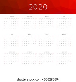 Calendar 2020 year simple style. With abstract geometric triangle mosaic tessllation header,banner.  Week starts from sunday