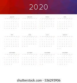 Calendar 2020 year simple style. With abstract geometric triangle mosaic tessllation header,banner.  Week starts from sunday