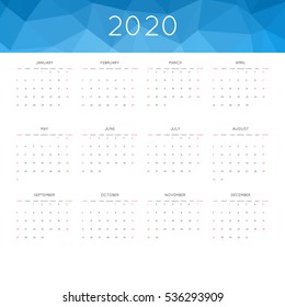 Calendar 2020 year simple style. With abstract geometric triangle mosaic tessllation header,banner.  Week starts from sunday