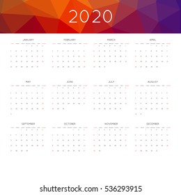 Calendar 2020 year simple style. With abstract geometric triangle mosaic tessllation header,banner.  Week starts from sunday